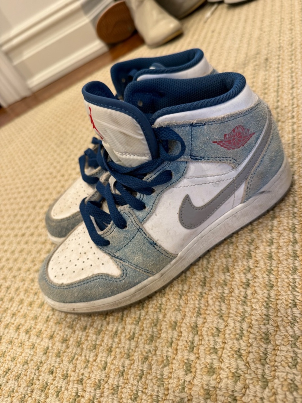 Jordan Nike Girl Boy Kids White Blue Navy Jean High Top Sneakers 5